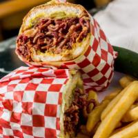 Pastrami Sandwich Combo · Popular item.
Sandwich:  pastrami, mustard and pickles with a side of fries and medium drink