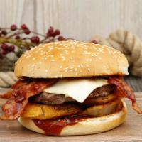 Western Bcn Ch Burg Combo · Burger:  BBQ sauce, 2 onion rings, bacon, cheese and hamburger patty 
with a side of fries a...