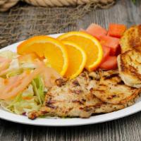 Chicken Diet Plate · Chicken Breast grilled (seasoned), salad with watermelon and orange (fruit)
1 dinner roll