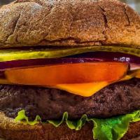 Bam! Burger · A vegan burger patty, cucumber pickles, tomato, onion, lettuce, mustard  paste and vegan che...