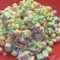 Russian Chic Chick Salad · Famous Russian potato salad without the potatoes: chickpeas, diced carrots, cucumber pickles...