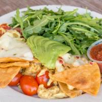 The Sweet Butter Scramble · Three Eggs with Homemade Lime Tortilla Chips, Roasted Cherry Tomatoes & Pepper Jack, with Av...