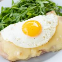 Croque Madame · Grilled French Ham, Gruyere & Dijon Mustard on Pain de Mie, Topped with Béchamel & Sunny Sid...
