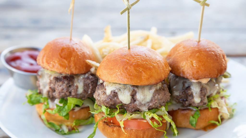 Trio Of Sliders · Certified Angus Beef with Our Thousand Island, Shredded Lettuce, Grafton Cheddar, Sliced Tomatoes, Pickles & Red Onion on Brioche Bun with Shoestring Fries