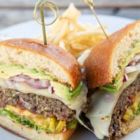 The Sb Veggie Burger · Homemade Vegan Patty with Lettuce, Tomato, Swiss Cheese, Onions, Avocado & Chipotle Vegenais...