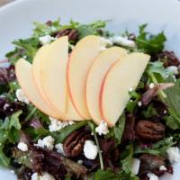 Mixed Greens With Fuji Apples · With Montchevre Goat Cheese, Dried Cranberries & SB’s Candied Pecans with Our Dijon Vinaigre...