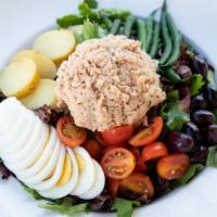 Tuna Nicoise · Italian Tuna, Mixed Greens, Cherry Tomatoes, Fingerling Potatoes, Green Beans, Kalamata Oliv...