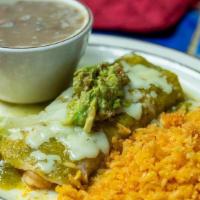 1 Shrimp Enchilada · Enchilada filled with spicy baby shrimp and cheese, covered with green sauce, topped with gu...