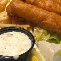 Fish And Chips · Beer battered fried cod, shoestring fries, tartar sauce, lemon