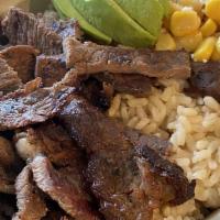 Tex-Mex Bowl · Brown rice, black beans corn, pico de gallo salsa, avocado slices, cotija cheese, and pollo ...