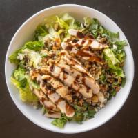 Gf Charbroiled Chicken Salad · Tender slices of charbroiled chicken tossed with romaine and fresh basil, chopped walnuts an...