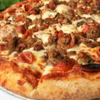 Meat Lovers Pizza · All meat - pepperoni, sausage, salami, ham, Canadian bacon, meatballs and applewood smoked b...