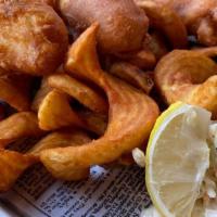 Beer Battered Fish 'N Chips · Beer battered Pacific cod, served with French fries, coleslaw, and housemade tartar sauce.