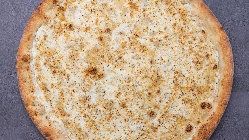 White Pie · 18 inch NY thin crust with creamy Ricotta sauce base.  Add toppings to create your perfect pie (serves 2-3 people)