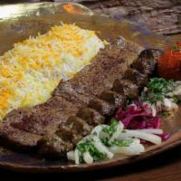  Soltaani / کباب سلطانی · A combination of a barg skewer and a koobideh skewer (beef or chicken).