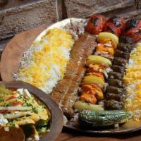 Shahrzad'S Special Plate / بشقاب مخصوص شهرزاد · Dinner for two including a skewer of barg, a skewer of koobideh (beef or chicken), and a ske...
