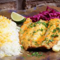 Fish / چلو ماهی · Pan Fried Fish in a lemon garlic butter sauce topped with fresh parsley.