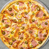 Hottie Hawaiian Pizza · Fresh pineapples, ham, mozzarella, and spicy jalapenos baked on a hand-tossed dough