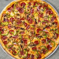 Lively Loaded Pizza · Fresh mushrooms, green peppers, red onions, pepperoni, and fresh mozzarella baked on a hand-...