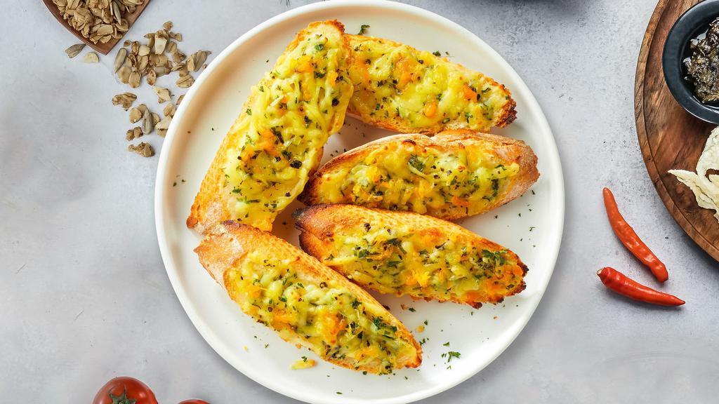 The Cheesy Great Garlic Bread · (Vegetarian) Housemade bread toasted and garnished with butter, garlic, mozzarella cheese, and parsley.