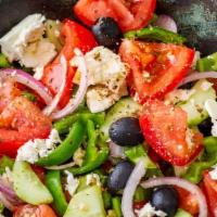 (Veg)*Greek Salad   			 · Baby mixed greens, crisp romaine, baby heirloom tomatoes, cool cucumbers, Kalamata Greek oli...