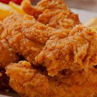 Chicken Strips   · Tender white chicken breast breaded fries served w/ Ranch & BBQ sauce