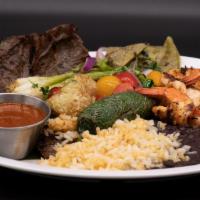 Mar Y Tierra · Steak and shrimp plate fryers cheese, green onions, fresh salsa. Served with a side rice and...