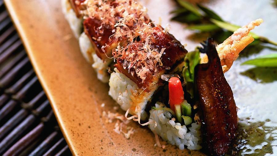 Bulldog · In soft shell crab, cucumber, crabmeat Top Baked freshwater eel and avocado drizzled with unagi sauce