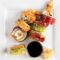 Superstar Roll · In shrimp tempura, avocado, crab, and cucumber. Top with salmon, tuna, avocado, and ponzu sa...
