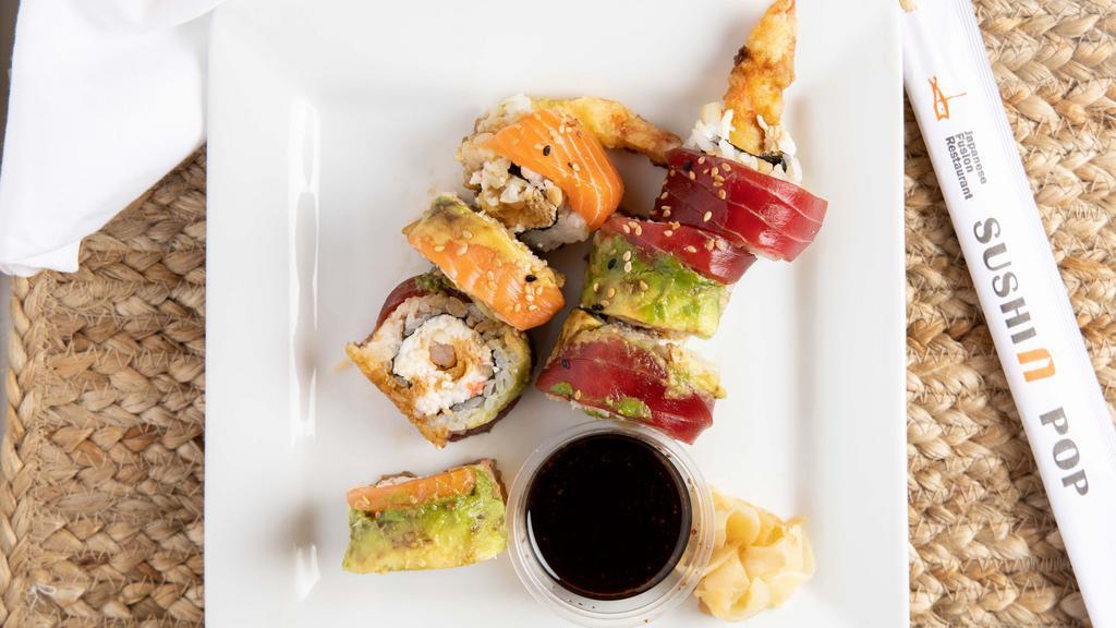 Superstar Roll · In shrimp tempura, avocado, crab, and cucumber. Top with salmon, tuna, avocado, and ponzu sauce.