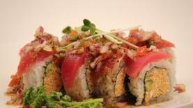 Cabo San Lucas Roll · In spicy crab, avocado, and cucumber. Top with seared tuna, salsa, ponzu, and house dressing.