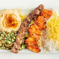 Chicken Sultani · 1 skewer ground beef, 1 skewer chicken kabab, rice, hummus, and Shirazi salad.