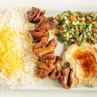 Beef Barg Plate · Marinated tender flap meat, served with basmati rice, hummus & salad