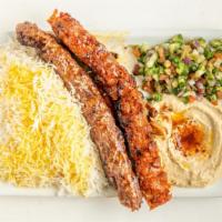 Koobideh Combo Plate · 1 skewer ground chicken kabab (kofta) and 1 skewer ground beef, rice, hummus, and Shirazi sa...