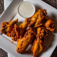 Wings (8) · Buffalo, honey sriracha, garlic parmesan or BBQ wings served with a side of bleu cheese or r...