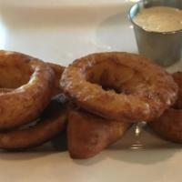 Onion Rings (7) · Beer battered onion rings served with ranch dressing or ketchup.