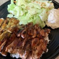 Chicken Teriyaki Plate · Teriyaki Chicken laying over Steamed white rice, Japanese home-made potato salad, Green sala...