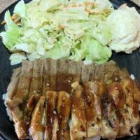 Chicken & Beef Teriyaki Plate · Chicken & Beef Teriyaki over Steamed white rice, Japanese home-made potato salad, Green sala...