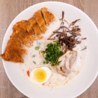 Sunshine Ramen · Pork or Chicken Cutlet, Beansprouts, Green onion, Chili oil, Boiled egg & Wood Ear Mushrooms...