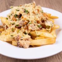 Sunshine Fries · Japanese style French fries, Creamy miso dressing topped with season chicken, Spicy mayo sau...