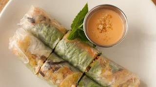 Fresh Veg Roll · Tofu, mushroom, cabbage, rice noodles, lettuce, mint, and mayonnaise with peanut sauce.