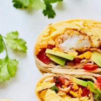 Breakfast Burrito · eggs, cheese, hash brown, avocado,, bacon or turkey sausage