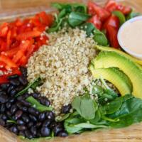 The Dt Southwest · Spinach/ quinoa/ black beans/ avocado/ bell pepper/ cherry tomatoes/ chipotle lime dressing.