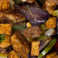 Spicy Eggplant · Spicy. Choice of meat or tofu & eggplant bell pepper, garlic, onion.