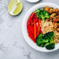 Chicken Grain Bowl · Chilled rice, quinoa and kale mix prepared with mouthwatering dijon chicken, red bell pepper...