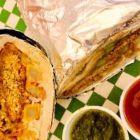 Vegan Naan Burrito · Roasted Eggplant, Falafels, Chickpea Curry, Pakora Fries and Basmati Rice All Wrapped Up in ...