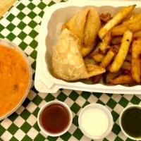 99 Are You Out Of Your Mind! · 2 Samosas and Pakora Fries served with Dips and Tikka Sauce