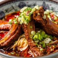 House Special Pork Ribs Noodle Soup · (秘制排骨汤面/粉) Spicy only. Broth made with pork ribs with bold flavor, topped with green onion. ...