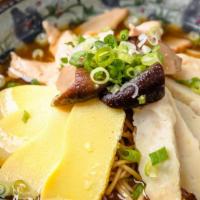 House Deluxe Noodle Soup · (杂烩汤面/粉) Nonspicy noodle. White soup topped with egg slices, fish ball, pork, mushroom, bamb...