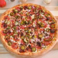 Mexicana Pizza (Medium (Serves 2-3)) · Spicy jalapeño, hamburger, pepperoni, fresh red onion, and mozzarella cheese.